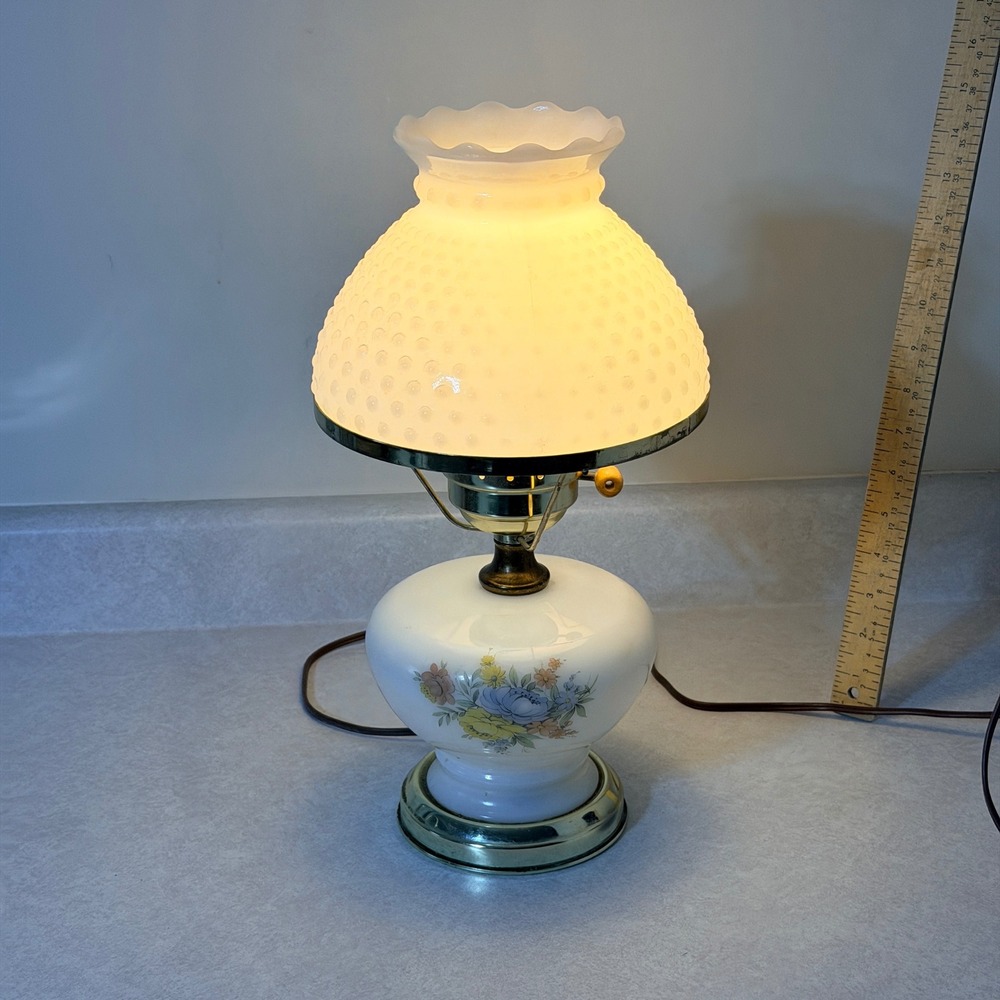 Vintage Milk Glass Hobnail Hurricane Lamp Floral Base‎ Dual Light 15 Inch - Picture 3 of 8